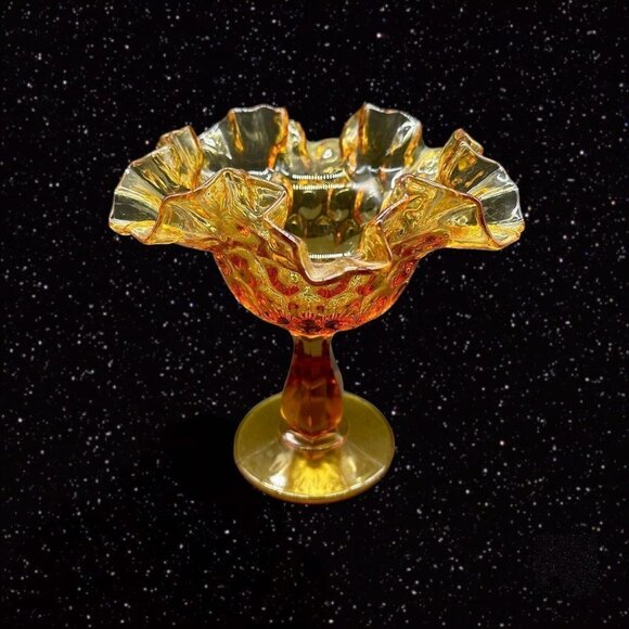 Fenton Amber Hobnail Ruffled Edge Compote Candy Dish Art Glass 6"T 5.5”W - Picture 12 of 14